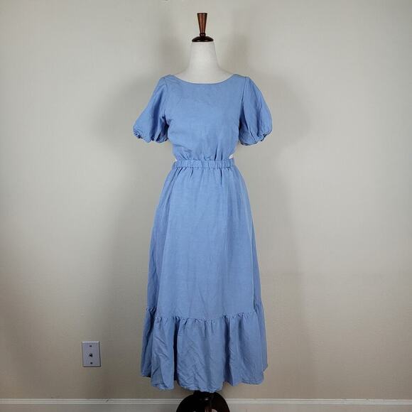 ASTR the Label Dress Womens Small Blue Jelena Cut Out Puff Sleeves Midi Ruffles - Picture 2 of 10